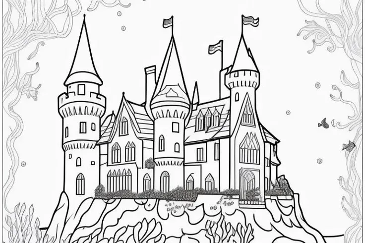 coloring page of a castle in the ocean underwater, mermaid