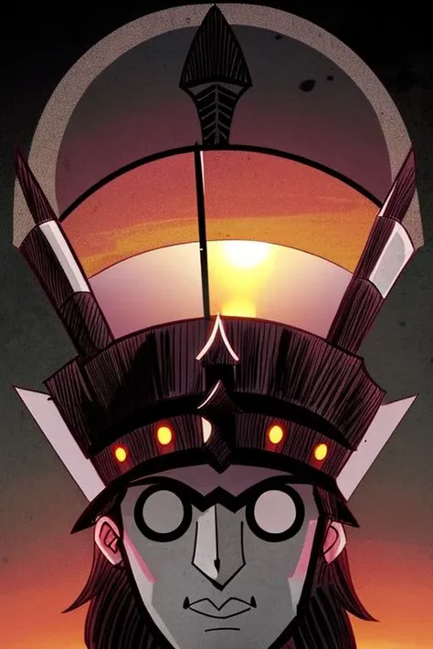 a don't starve style knight, black eyes, armor, helmet, sunset <lora:dontStarveStyle_dontStarveV10:0.6>