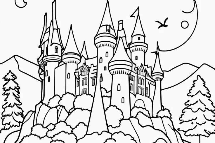 coloring page of a castle by a mountain
