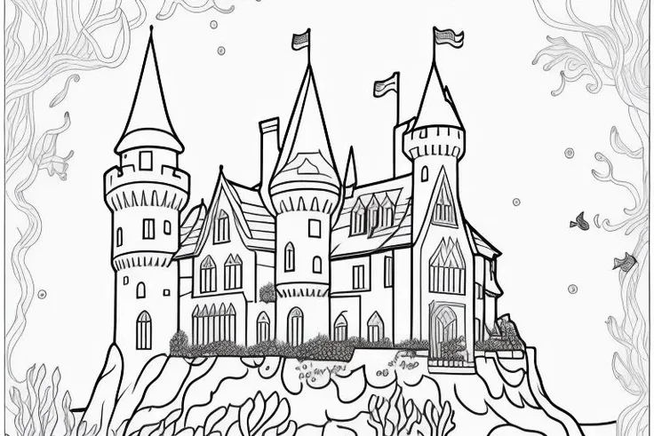 coloring page of a castle in the ocean underwater, mermaid
