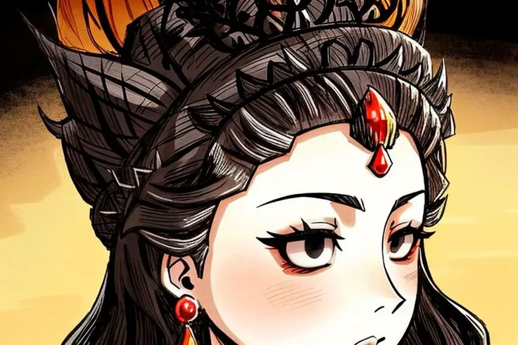 a don't starve style queen, black eyes, crown, sunset <lora:dontStarveStyle_dontStarveV10:0.6>