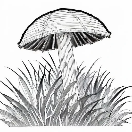 naked woman, breasts, nipples, masterpiece, absurdres, best quality, line art line drawing, miniature, woman, elf, mushroom, field,straw, cottage, large grass, darkseal, darkgoblinz, low detail,
