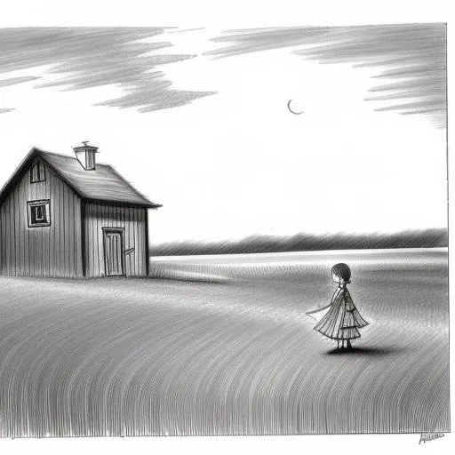 masterpiece, absurdres, best quality, line art line drawing, miniature, woman, elf, mushroom, field,straw, cottage, large grass,