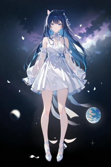 -1girl, dress, blue eyes, white dress, long hair, space helmet, white footwear, ribbon, bangs, hair ribbon, sleeveless dress, standing, black hair, looking at viewer, star (sky), sleeveless, full body, space, bare shoulders, spacesuit, blue hair, closed mouth, white ribbon, planet, petals, detached sleeves, see-through sleeves, see-through, astronaut, long sleeves, flower, helmet, sky, solo, hair intakes, holding, choker,cat girl,<lora:cat girl-000018:0.8>,