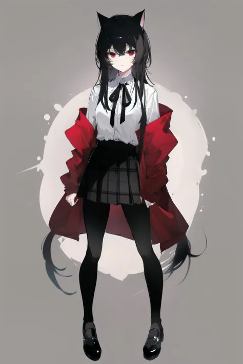 -1girl, solo, pantyhose, skirt, red eyes, black hair, long hair, animal ears, black pantyhose, shirt, white shirt, simple background, full body, looking at viewer, cat ears, black skirt, grey background, standing, shoes, black footwear, long sleeves, hair between eyes, open clothes, pleated skirt, red jacket, jacket, ribbon, closed mouth, bangs,cat girl,<lora:cat girl-000018:0.8>,