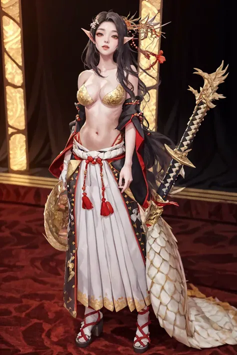 8K,highres,absurdres,masterpiece,best quality,original,extremely detailed CG,extremely detailed wallpaper,perfect lighting,<lyco:GoodHands-beta2:1>,1girl,blurry_background,looking_at_viewer,standing on the stage,
<lora:golden_Voyage:0.5>,suzuka,long hair,black hair,hair ornament,very long hair,japanese clothes,armor,navel,skirt,yellow eyes,detached sleeves,pointy ears,scales,japanese armor,monster girl,gloves,bow (weapon),wide sleeves,red eyes,collarbone,sode hakama,jewelry,black gloves,beads,makeup,