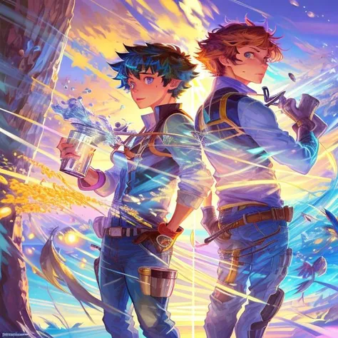 midoriya izuku, multiple boys, 2boys, freckles, blonde hair, male focus, gloves, green eyes, green hair, bodysuit, green bodysuit, back-to-back, short hair, white gloves <lora:ColorLight:1> androgynous beautiful hair style by Jesper Ejsing, by RHADS, Makoto Shinkai and Lois van baarle, ilya kuvshinov, rossdraws global illumination