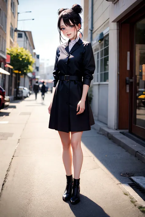 masterpiece, best quality,standing, black hair bun,cold face, full body,happy,light effect, soft, super clear, high-definition picture, (front),cityscape,