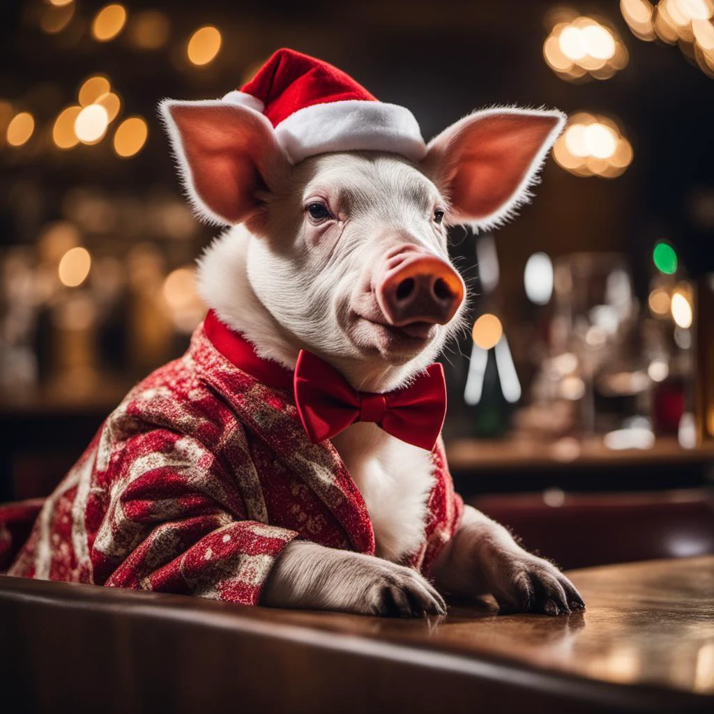 photo of a swine dressed in a festive holiday suit and bow-tie, sitting at a table in a bar with a bar stools, three-quarter profile, head turned to side, hog, pig, hoof, hooves, holiday time, award winning photography, Elke Vogelsang <lora:christmas:1.7>
