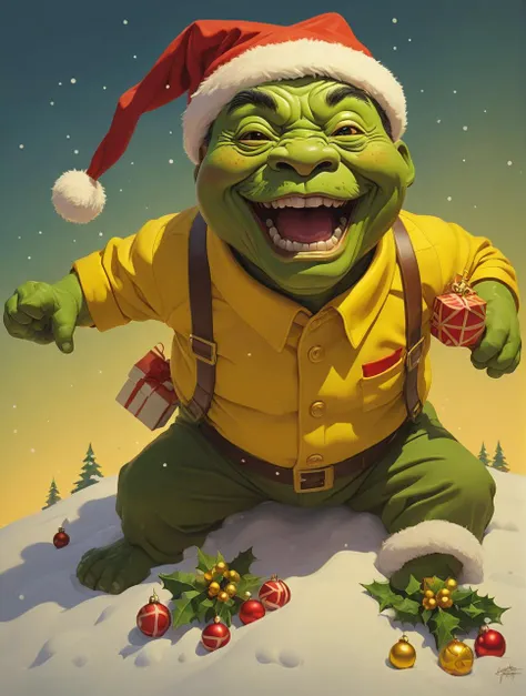 <lora:christmas:1> christmas, yellow, stylized by greg rutkowski and gil elvgren, concept art, angle from above of a Artistic [Kermit the Frog:Xi Jinping:4], extremely hyper aesthetic, Hazy conditions, artstation, Colorful, professional, lots of details