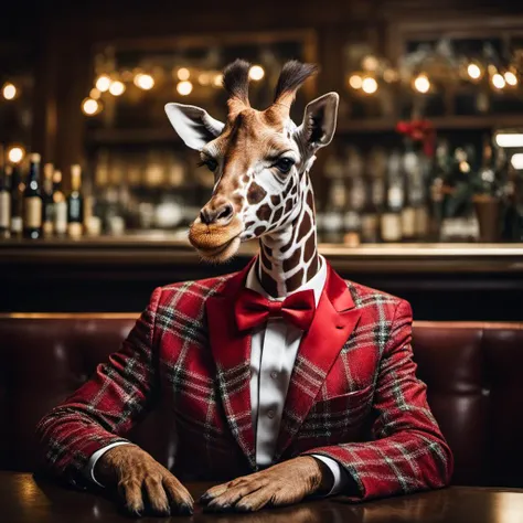 photo of a giraffe dressed in a festive holiday suit and bow-tie, sitting at a table in a bar with a bar stools, three-quarter profile, head turned to side, hoof, hooves, holiday time, award winning photography, Elke Vogelsang <lora:christmas:1.7>
