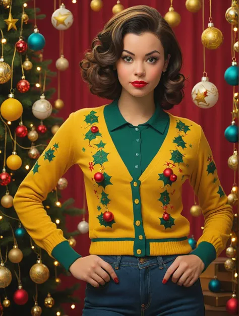 <lora:christmas:1> christmas, yellow, stylized by greg rutkowski, gil elvgren and ilya kuvshinov, portrait,close up of a tiny (B'Elanna Torres:1.2) , in Skinny jeans and cardigan with Retro ornaments, B'Elanna Torres has Brunette hair styled as Ivy League, Film grain background, Pixabay, dslr, Ultra Real, Frightening, Colorful, extremely hyper aesthetic, photolab