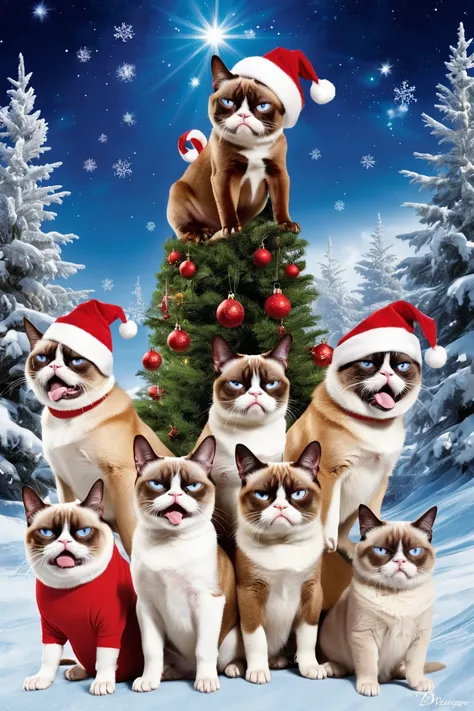 To many happy dogs and one immensely grumpy cat, christmas, expressive, dreamlike, dreamscape, epic<lora:christmas:0.5>