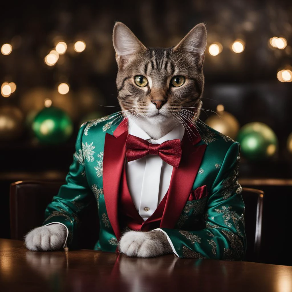 photo of a sophisticated cat well-dressed in a festive satin print holiday suit-jacket and bow-tie, (holiday time), (christmas lights), sitting at a table in a bar with a bar stools, three-quarter profile, head turned toward one side, paws, award winning photography, Elke Vogelsang <lora:christmas:1.5>