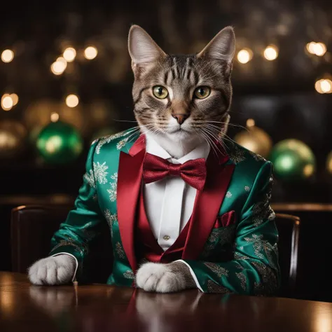 photo of a sophisticated cat well-dressed in a festive satin print holiday suit-jacket and bow-tie, (holiday time), (christmas lights), sitting at a table in a bar with a bar stools, three-quarter profile, head turned toward one side, paws, award winning photography, Elke Vogelsang <lora:christmas:1.5>