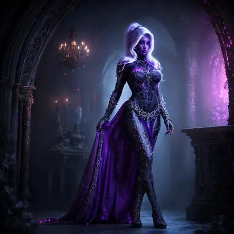 (masterpiece:1.2), (best quality,:1.2), 8k, HDR, ultra detailed, ((photorealistic)), perfect anatomy, professional light, cinematic lighting, fashion photography, ambient lighting,<lora:detail_slider_v4:2>, a beautiful female drow warrior, DarkElves, wearing intricate black and purple robes, ((wide view)), in a dark elf city, gothic architecture, spider motives, <lora:DarkElves-10:1>, ((perfect hands)), epiCPhoto,