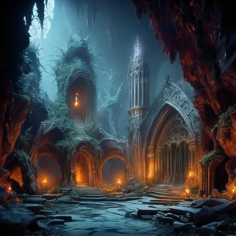 (masterpiece:1.2), (best quality,:1.2), 8k, HDR, ultra detailed, ((photorealistic)), perfect anatomy, professional light, cinematic lighting, fashion photography, ambient lighting,<lora:detail_slider_v4:2>, DarkElves, a temple of the spider goddess in a cave,  gothic architecture, spikes, <lora:DarkElves-10:1>, epiCPhoto