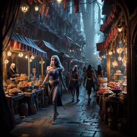 (masterpiece:1.2), (best quality,:1.2), 8k, HDR, ultra detailed, ((photorealistic)), perfect anatomy, professional light, cinematic lighting, fashion photography, ambient lighting,<lora:detail_slider_v4:2>, DarkElves, a marketplace in a drow city, <lora:DarkElves-10:1>, ((perfect hands)), epiCPhoto,