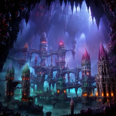 (masterpiece:1.2), (best quality,:1.2), 8k, HDR, ultra detailed, ((photorealistic)), perfect anatomy, professional light, cinematic lighting, fashion photography, ambient lighting,<lora:detail_slider_v4:2>, DarkElves, bats, a fantasy castle with towers in a cave, gothic architecture, spikes, <lora:DarkElves-10:1>, epiCPhoto