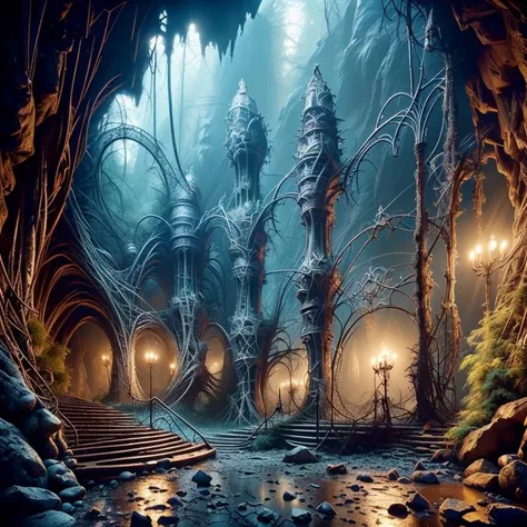 (masterpiece:1.2), (best quality,:1.2), 8k, HDR, ultra detailed, ((photorealistic)), perfect anatomy, professional light, cinematic lighting, fashion photography, ambient lighting,<lora:detail_slider_v4:2>, DarkElves, a dark and eerie cave with a big and gloomy darkelf city in the background, <lora:DarkElves-10:1>, <lora:DonM3lv3nM4g1c-000005:0.7>, DonM3lv3nM4g1c, epiCPhoto