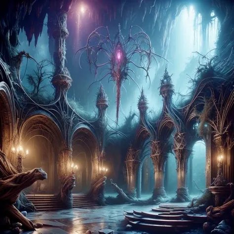 (masterpiece:1.2), (best quality,:1.2), 8k, HDR, ultra detailed, ((photorealistic)), perfect anatomy, professional light, cinematic lighting, fashion photography, ambient lighting,<lora:detail_slider_v4:2>, fantasy DarkElves, a sinister and eerie temple of the drow spider goddess in a gloomy cave, <lora:DarkElves-10:1>, <lora:DonM3lv3nM4g1c-000005:0.76>, DonM3lv3nM4g1c, epiCPhoto