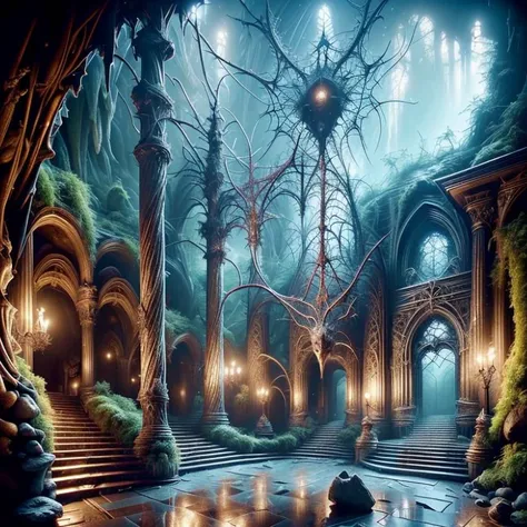 (masterpiece:1.2), (best quality,:1.2), 8k, HDR, ultra detailed, ((photorealistic)), perfect anatomy, professional light, cinematic lighting, fashion photography, ambient lighting,<lora:detail_slider_v4:2>, fantasy DarkElves, a sinister and eerie temple of the drow spider goddess in a gloomy cave, <lora:DarkElves-10:1>, <lora:DonM3lv3nM4g1c-000005:0.76>, DonM3lv3nM4g1c, epiCPhoto