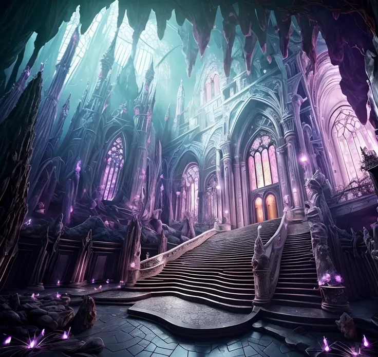 (masterpiece:1.2), (best quality,:1.2), 8k, HDR, ultra detailed, ((photorealistic)), perfect anatomy, professional light, cinematic lighting, fashion photography, ambient lighting,<lora:detail_slider_v4:2>, DarkElves, a very large gothic castle with some stairs and a fountain in the middle of it in a huge cave with purple lights on the stairs, <lora:DarkElves-10:1>, epiCPhoto,