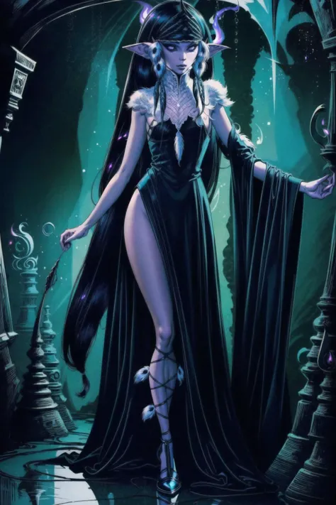 <lora:DarkElves:1> DarkElves, bats, fantasy, gothic architechture, spider motifs, purple lights, in a cave, dark elf city, drow city, menzoberranzan, <lora:Elfquest_Winnowill_V2:0.8> winnowill, dress, black dress, sideboob, side slit, lace up shoes, best quality, masterpiece, <lora:more_details:0.65>, 1girl, solo