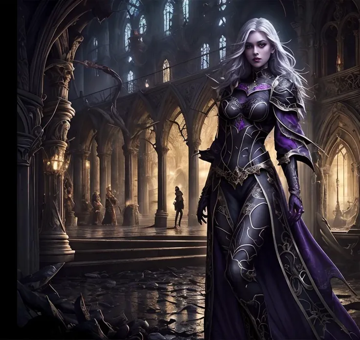 (masterpiece:1.2), (best quality,:1.2), 8k, HDR, ultra detailed, ((photorealistic)), perfect anatomy, professional light, cinematic lighting, fashion photography, ambient lighting,<lora:detail_slider_v4:2>, a beautiful female drow warrior, DarkElves, wearing intricate black and purple robes, ((wide view)), in a dark elf city, gothic architecture, spider motives, <lora:DarkElves-10:1>, ((perfect hands)), epiCPhoto,
