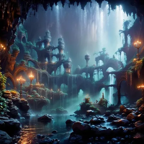 (masterpiece:1.2), (best quality,:1.2), 8k, HDR, ultra detailed, ((photorealistic)), perfect anatomy, professional light, cinematic lighting, fashion photography, ambient lighting,<lora:detail_slider_v4:2>, DarkElves, a dark cave with a waterfall and a gothic castle in the background, <lora:DarkElves-10:1>, ((perfect hands)), epiCPhoto,