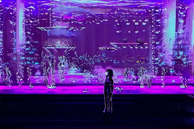 masterpiece, <lora:kadabura_25D-54:1> kadabura, scenery, aquarium, neon, fish, purple light, glowing, 2 girls, hood