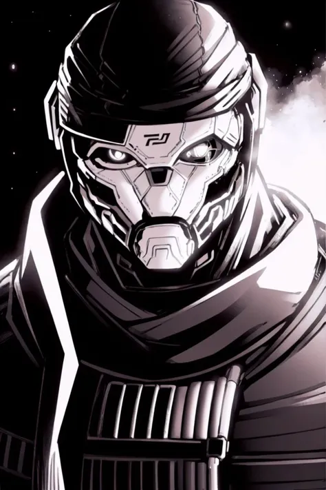 masterpiece, <lora:kadabura_2D-52:1>
solo, looking at viewer, 1boy, monochrome, male focus, scarf, mask, glowing, portrait, glowing eyes, science fiction, animification, glowing eye, straight-on, humanoid robot