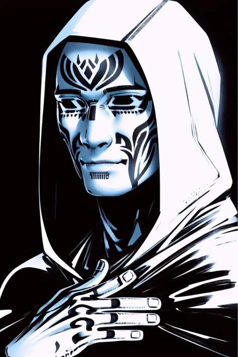 masterpiece, <lora:kadabura_2D-52:1>
solo, looking at viewer, smile, simple background, 1boy, closed mouth, male focus, hood, black eyes, hand on own chest, black background, portrait, cloak, hood up, tattoo, facial tattoo, white eyes