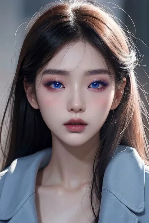 a close up of a 20 years old korean model, with a blue eye shadow on her face, official dior editorial, trending on pintrest, very smoky, dreamy, stunning gradient colours, transforming into werewolf, aesthetic! ! ! ! ! ! ! ! ! ! , closed-eyes, pretty oval face,