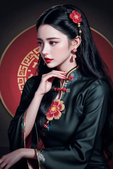 1girl, black hair, long hair, solo, jewelry, earrings, realistic, hair ornament, parted lips, chinese clothes, wide sleeves, dress, sitting, hanfu, long sleeves, lips, hand up, blue eyes, black eyes, flower, glowing, nose, red lips, hair flower, artist name, looking away, watermark, forehead mark