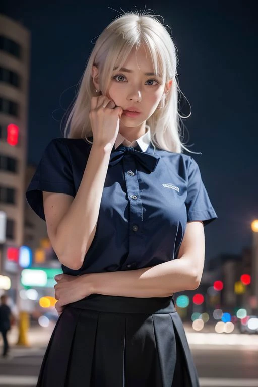 (8k, RAW photo, best quality, masterpiece:1.3),(realistic,photo-realistic:1.37),(night),(looking at viewer:1.331),(white hair),posing,Tokyo street,nightcityscape, <lora:asianGirlsFace_v1:0.5>, cyberpunk city,soft light,1girl,extremely beautiful face,bust,put down hands,Random hairstyle,Random expression,big eyes, ,lower abdomen, <lora:jkUniform_v20:0.5> (short-sleeved JK_shirt),JK_style,(dark blue JK_skirt) ,(bow JK_tie),<lora:mix4:0.4>,mix4