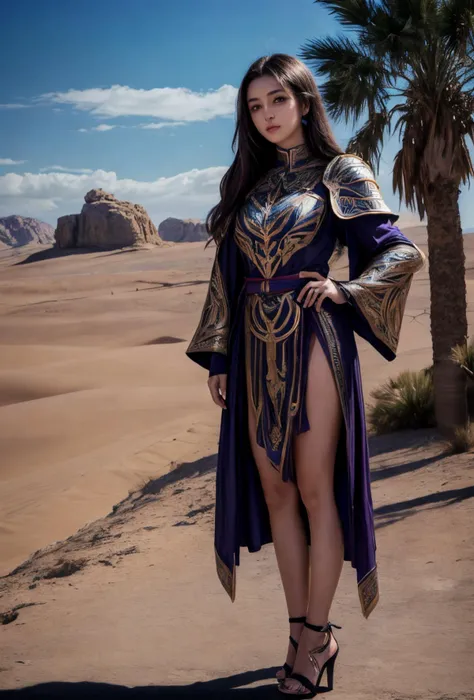 Ultra-realistic 8k CG, masterpiece, best quality, 1girl, 20 years old, woman, (detailed face), colorful, (full body, wide shot), <lora:more_details:0.8>   <lora:Caftan_Couture:0.8> paladin_glam, caftan,( armor, High platform heels),standing on stone tiles,  desert with multiple palm trees in the background,