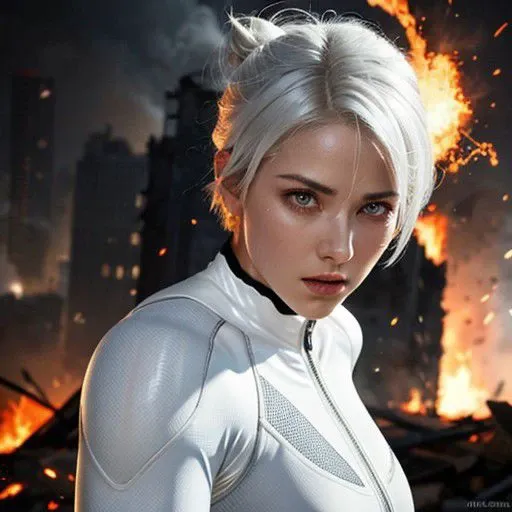 fighting , glowing eyes, short hair in a bun , white hair, ((torn tight supersuit)), in a destroyed city, smoke and fire, glowing power aura, dynamic pose, dynamic view, ((ultra-detailed)), detailed skin , beautiful face