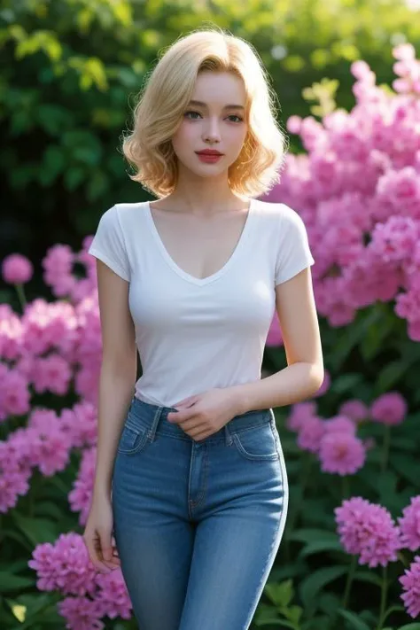 (best quality, photorealistic), blonde hair, busty figure, beautiful blue eyes, wearing a white t-shirt and blue jeans, standing in a colorful garden with blooming flowers, soft sunlight illuminating her face, shadows playing on her skin, gentle breeze ruffling her short wavy hair, her smile is shy yet radiant, her lips are perfectly curved, exuding a Marilyn Monroe-like charm, her youthful charm captivates everyone around her, creating an aura of innocence and allure.,<lora:EMS-281050-EMS:1.000000>
