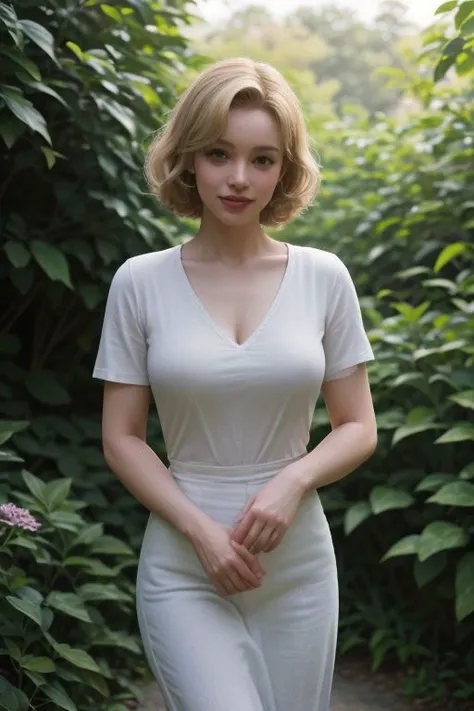 (best quality, photorealistic), blonde hair, busty figure, beautiful blue eyes, wearing a white t-shirt and blue jeans, standing in a colorful garden with blooming flowers, soft sunlight illuminating her face, shadows playing on her skin, gentle breeze ruffling her short wavy hair, her smile is shy yet radiant, her lips are perfectly curved, exuding a Marilyn Monroe-like charm, her youthful charm captivates everyone around her, creating an aura of innocence and allure.,<lora:EMS-281050-EMS:1.000000>