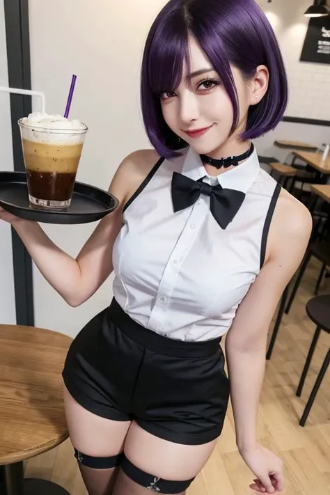 best quality,
1girl,
standing, holding tray,
white shirt, black shorts, black thighhighs,
collared shirt, sleeveless, bare shoulders,
side slit shorts,
black bowtie, black choker,
purple hair, hair between eyes, sidelocks, short hair,
(green eyes:0.7), blush, evil smile,
cafe, table,