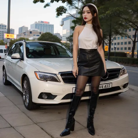 (tan color RealPantyhose),high heel boots,best quality,((((masterpiece)))),((((highly detailed)))),[[[realistic art]]],((full body)),wide shot,ultra highres,makeup,fundoshi,eyeshadow,long_eyelashes,red_lips_,1girl,. 35mm photograph,film,professional,4k,<lora:RealPantyhose_1_0:0.8>,<lora:kdlegver-000008:0.6>,kendollegver,bokeh,long hair,bare shoulders,sleeveless dress,nun,hairband,maid headdress,