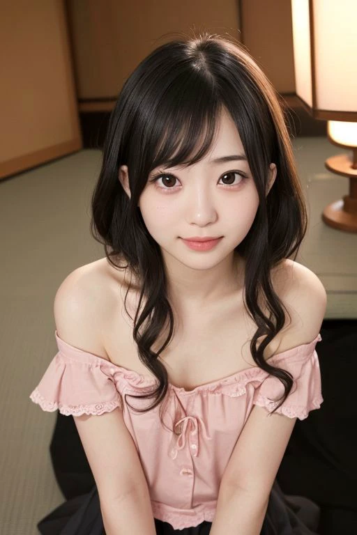 ((((Girl secretly masturbates and reaches climax))))((japanese Cute & Girly)), (Harem: 1.3), ((Beautiful photos of 1 women aged 18)), (Top quality, masterpiece: 1.25), (Photoreal: 1.25), Absurd , (small breasts: 1.2), (Long wavy black hair), Full round face, ((off-shoulder sleeves,shirts,mini skirt,thighs)), Front view,Hi (Captivating smile: 1.2), (Dynamic lighting: 1.1),, close-up, staring at the viewer, big round eyes, ((slender whole body)), (((Cute and girly  hair  Japanese people))),,slightly pinkish skin