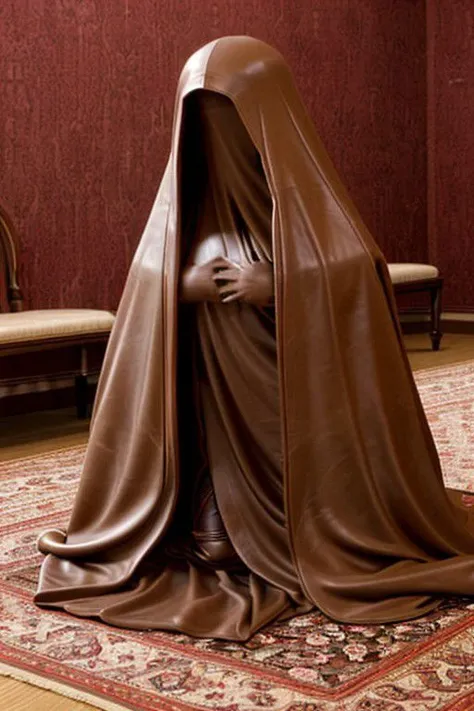 (Faceless enclosed)+++ (hermit)+++ woman with (very long hair)+++ (huge breasts)+++ (under a leather burqa)+++ (hidden face under zentai)+++ (unseen eyes)+++ (all-enclosed body)+++ (gloved hands)+++ (kneeled over carpet)+++