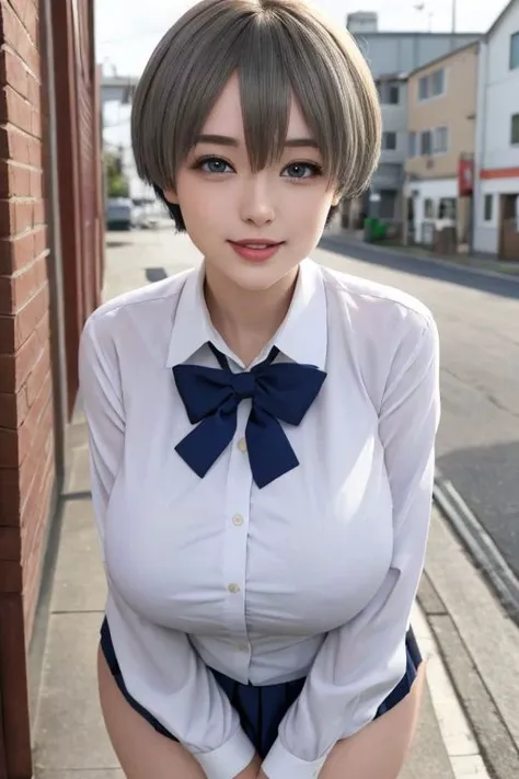 8k,masterpiece, best quality, ultra detailed, [perfect shadows and lighting], detailed background, incredible high-key lighting, ambient soft lighting,
young female, uzakihana, <lora:uzakihana:1>,
gorgeous face,japanese face, lips, makeup, stylish hair, perfect eyes, grey hair, short hair, blue eyes,
huge breasts, thick things, wide hips, narrow waist
look at viewer, seductive, smile, smirk, open mouth, sexy pose,
school uniform, streets, in town, outdoors, see-through, undersized clothes,