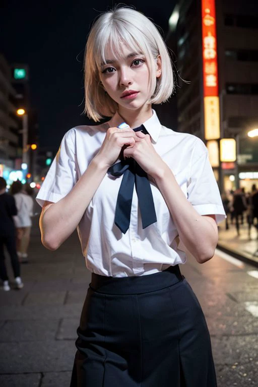 (8k, RAW photo, best quality, masterpiece:1.3),(realistic,photo-realistic:1.37),(night),(looking at viewer:1.331),(white hair),posing,Tokyo street,nightcityscape, <lora:asianGirlsFace_v1:0.5>, cyberpunk city,soft light,1girl,extremely beautiful face,bust,put down hands,Random hairstyle,Random expression,big eyes, ,lower abdomen, <lora:jkUniform_v20:0.5> (short-sleeved JK_shirt),JK_style,(dark blue JK_skirt) ,(bow JK_tie),<lora:mix4:0.4>,mix4