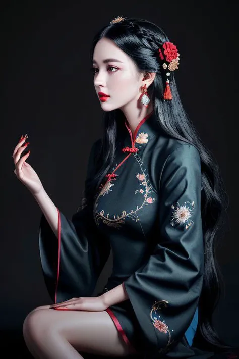 1girl, black hair, long hair, solo, jewelry, earrings, realistic, hair ornament, parted lips, chinese clothes, wide sleeves, dress, sitting, hanfu, long sleeves, lips, hand up, blue eyes, black eyes, flower, glowing, nose, red lips, hair flower, artist name, looking away, watermark, forehead mark