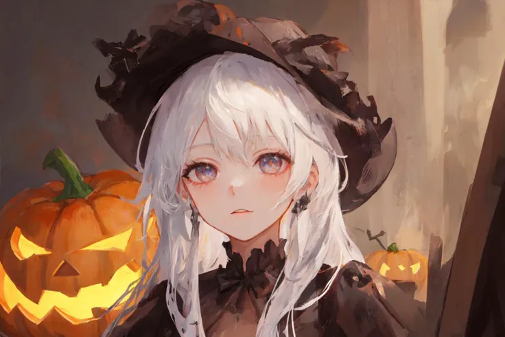 masterpice, (best quality), ((best detailed)), depth of field, a beautiful girl, a beautiful face, white hair, whitch, whitch hat, colorful eyes, pumpkin, gothic cloth, hallowin