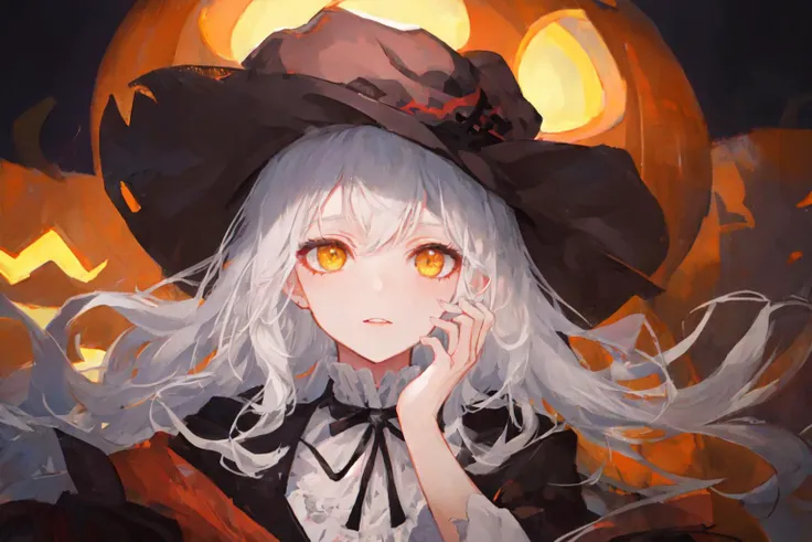 masterpice, (best quality), ((best detailed)), depth of field, a beautiful girl, a beautiful face, white hair, whitch, whitch hat, yellow eyes, pumpkin, gothic cloth, hallowin