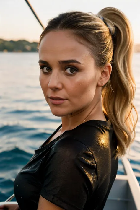 RAW, real photo portrait, madie1, on a boat, (wearing a wet black t-shirt), pretty face, insanely detailed eyes, light blonde hair, high ponytail, bokeh, natural light, depth of field, golden hour, sharp focus